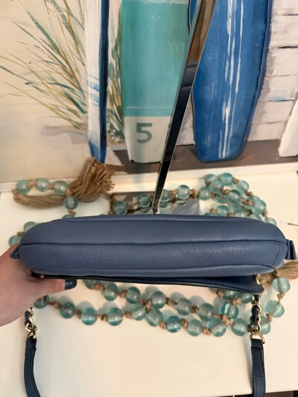 Tory Burch periwinkle blue Leather Logo Crossbody with silver Chain - Picture 3 of 7